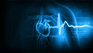 Glowing blue human heart illustration with an ECG heartbeat line and digital medical technology background., longevity-focused heart health