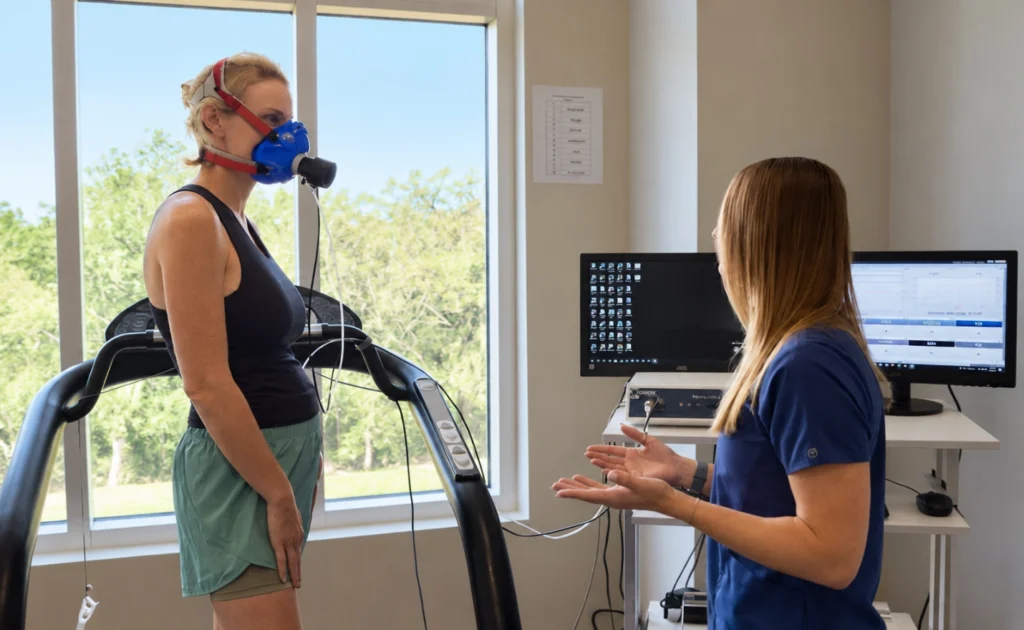 Woman undergoing VO₂ max testing on a treadmill while wearing a respiratory mask, with a clinician monitoring the test.